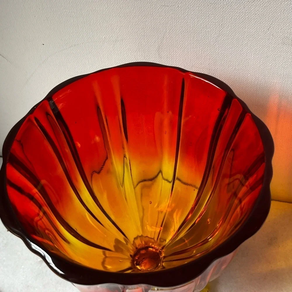 L.E. Smith Simplicity Candy Dish Orange Amberina 10.5” LARGE Size Cadmium GLOW